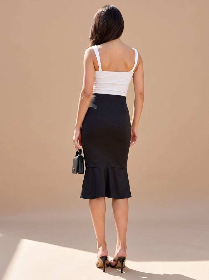 Women's High-Waist Fishtail Midi Skirt Ruffle Hem