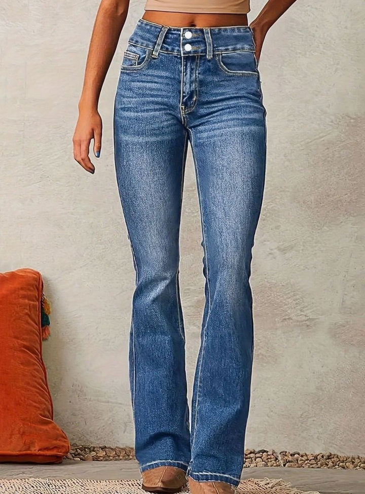 Women's High-Waist Flare Bootcut Pants Washed Denim Jeans - Sea Blue
