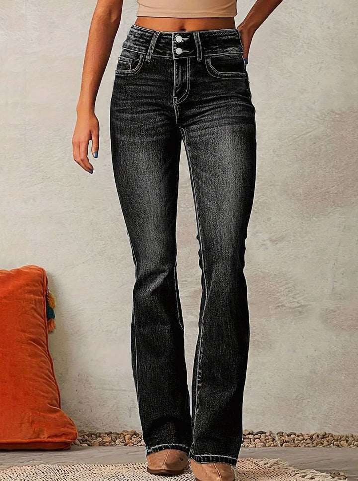 Women's High-Waist Flare Bootcut Pants Washed Denim Jeans - Black
