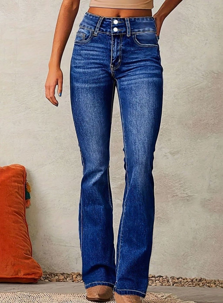 Women's High-Waist Flare Bootcut Pants Washed Denim Jeans - Dark Blue