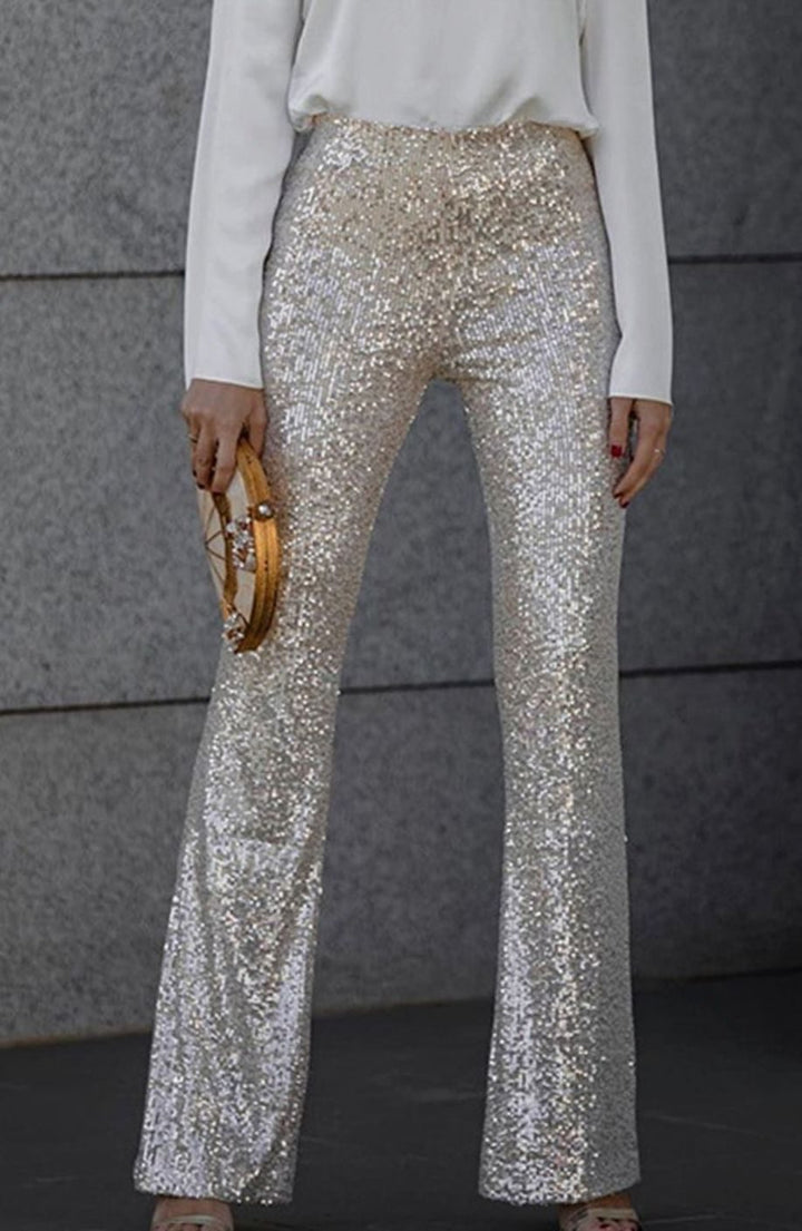 Women's High-Waist Flared Sequin Trousers - Champagne
