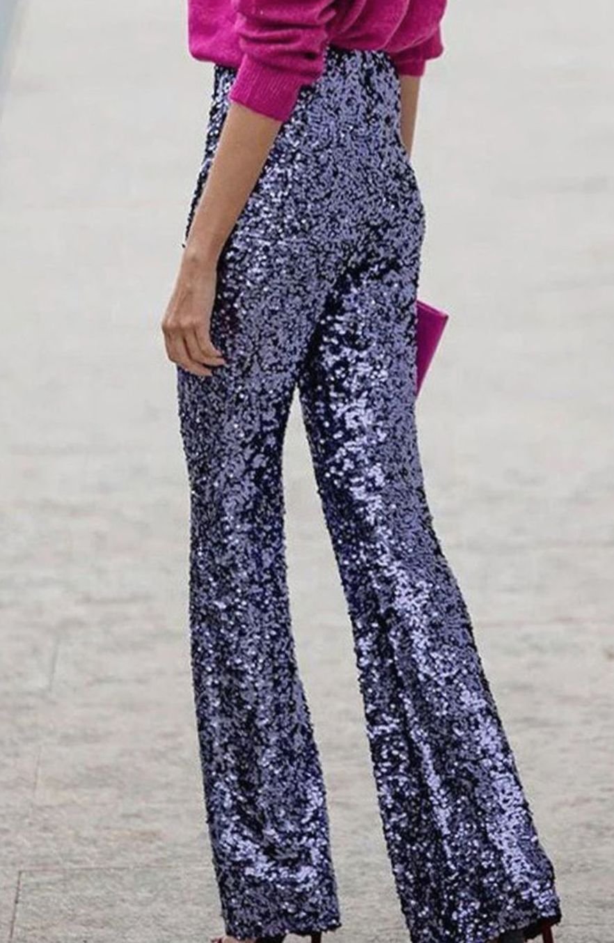 Women's High-Waist Flared Sequin Trousers - Dark Blue