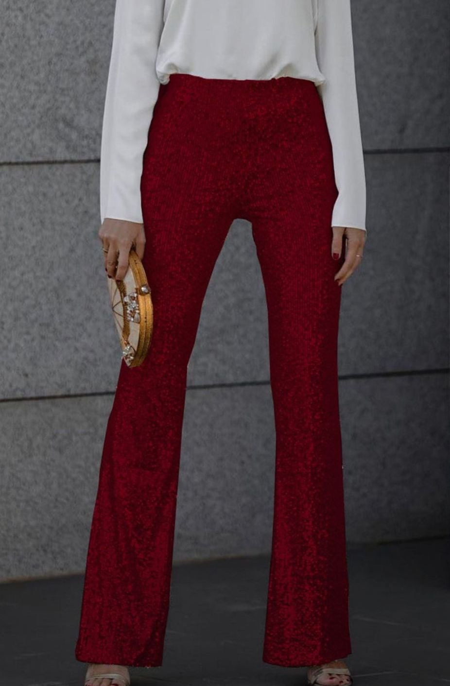 Women's High-Waist Flared Sequin Trousers - Wine Red