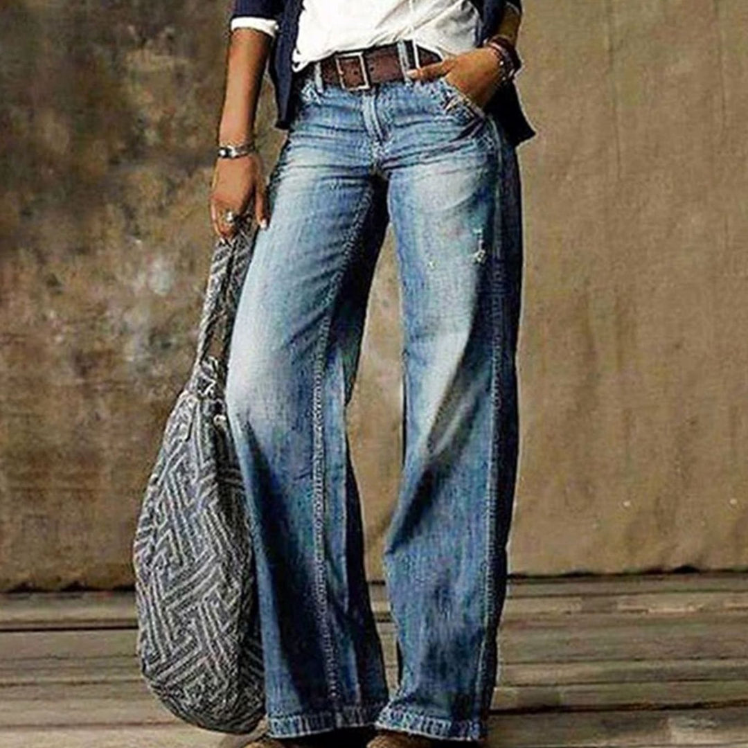 Women's High-Waist Relaxed Wide-Leg Jeans Faded Denim Pants - Light Blue