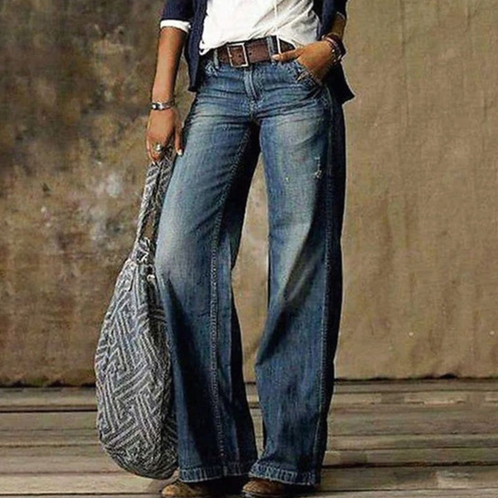 Women's High-Waist Relaxed Wide-Leg Jeans Faded Denim Pants - Blue