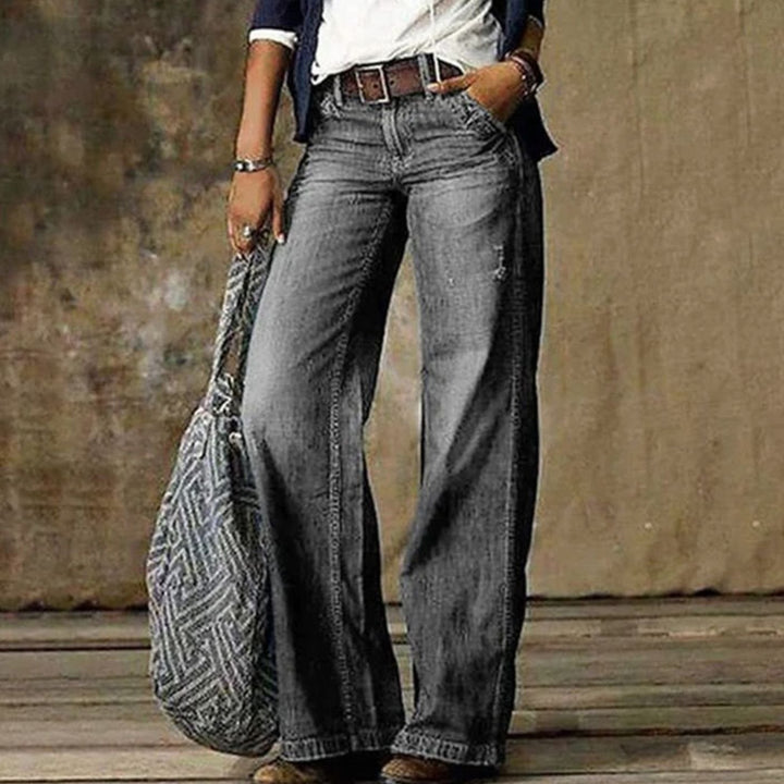 Women's High-Waist Relaxed Wide-Leg Jeans Faded Denim Pants - Light Grey