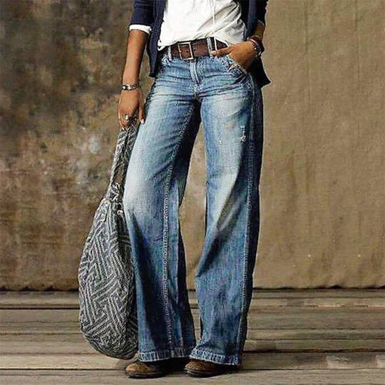 Women's High-Waist Retro Wide-Leg Distressed Denim Pants - Light blue
