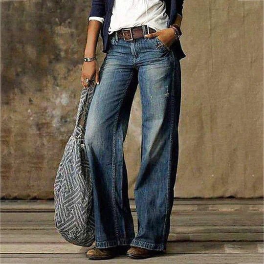 Women's High-Waist Retro Wide-Leg Distressed Denim Pants - Blue