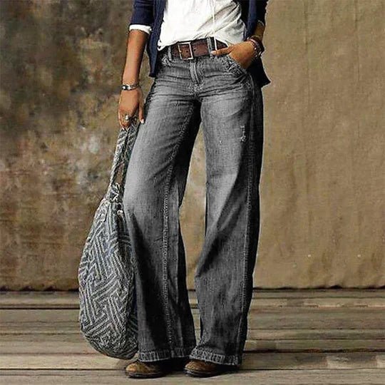 Women's High-Waist Retro Wide-Leg Distressed Denim Pants - Light gray