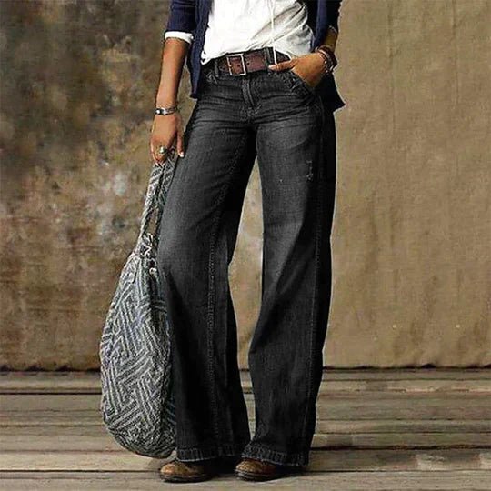 Women's High-Waist Retro Wide-Leg Distressed Denim Pants - Black