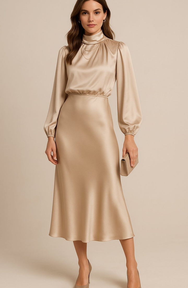 Women's High-Waist Satin Mock-Neck Long-Sleeve Midi Dress