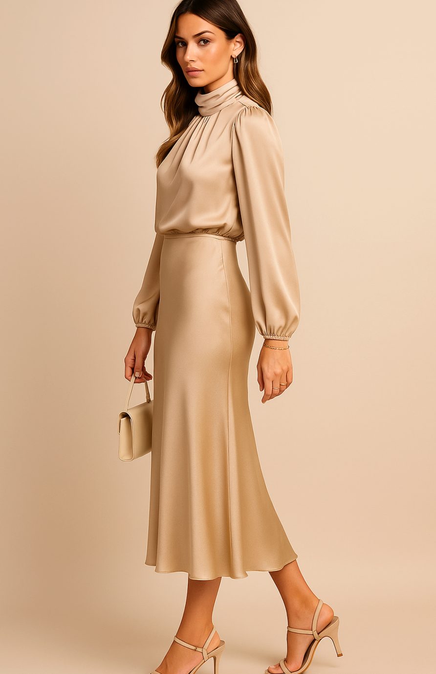 Women's High-Waist Satin Mock-Neck Long-Sleeve Midi Dress