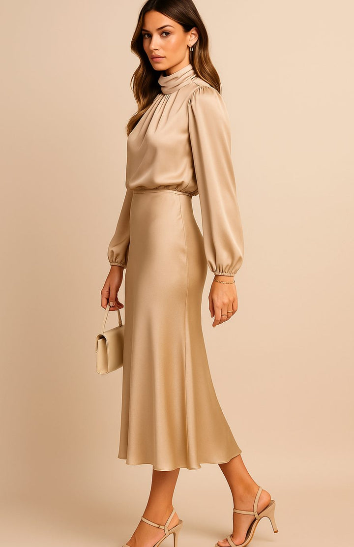 Women's High-Waist Satin Mock-Neck Long-Sleeve Midi Dress