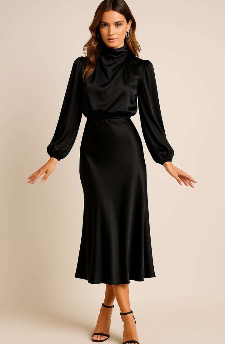 Women's High-Waist Satin Mock-Neck Long-Sleeve Midi Dress - Black