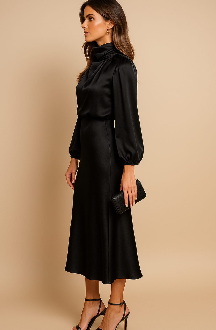 Women's High-Waist Satin Mock-Neck Long-Sleeve Midi Dress