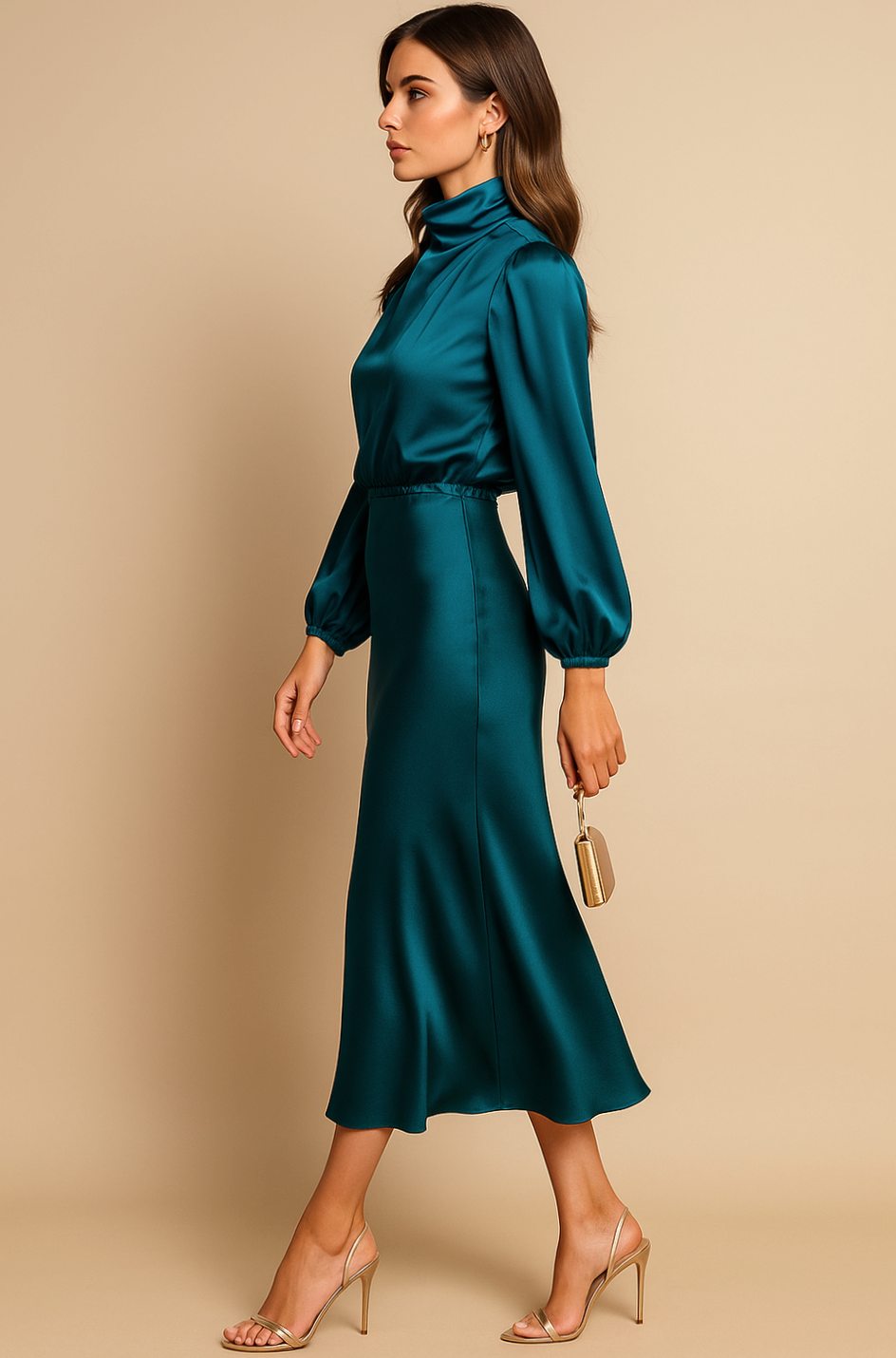 Women's High-Waist Satin Mock-Neck Long-Sleeve Midi Dress - Blue