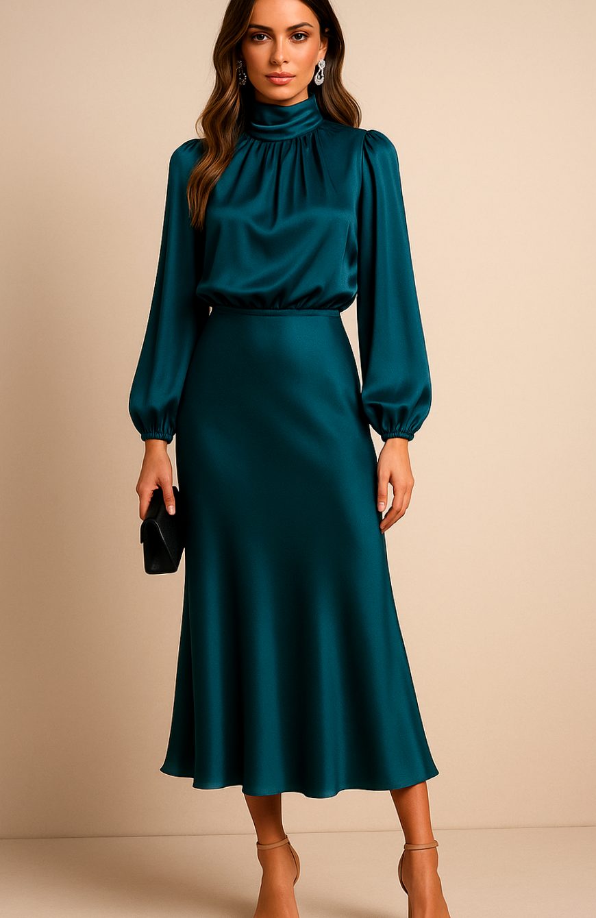 Women's High-Waist Satin Mock-Neck Long-Sleeve Midi Dress