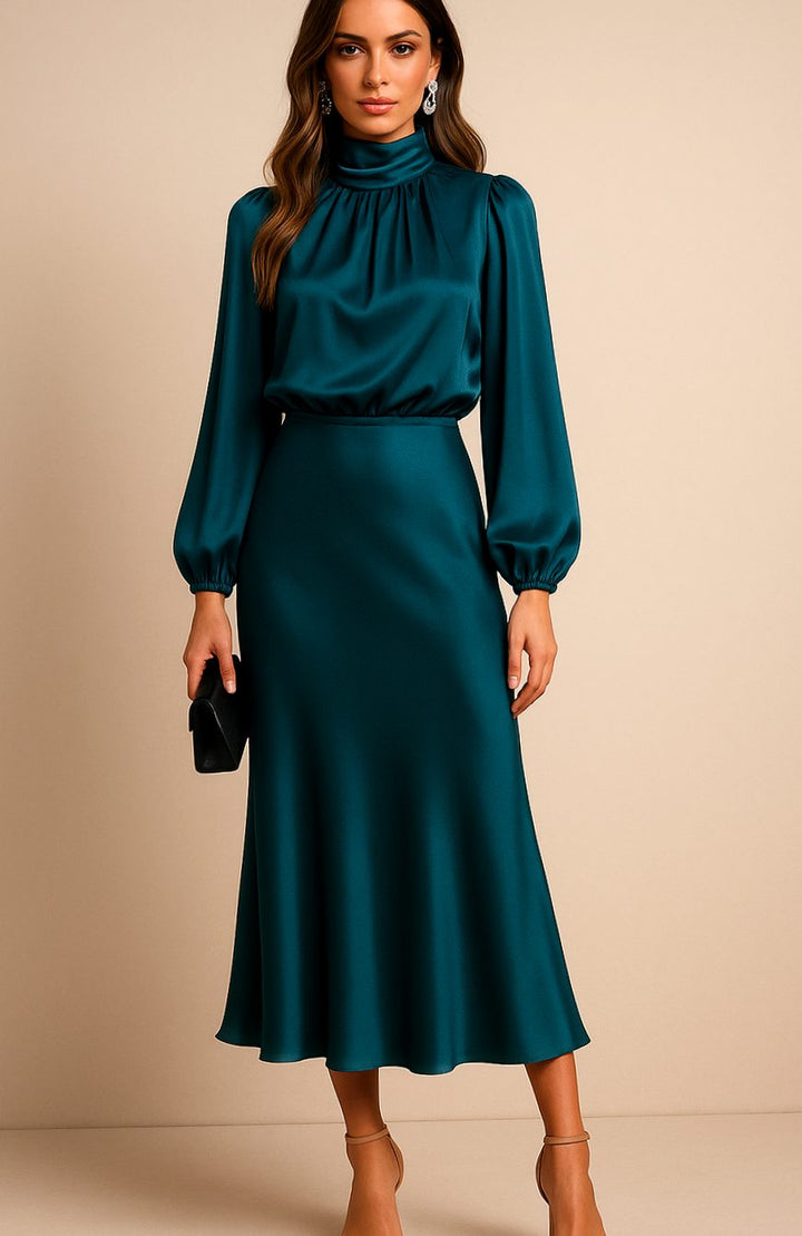 Women's High-Waist Satin Mock-Neck Long-Sleeve Midi Dress