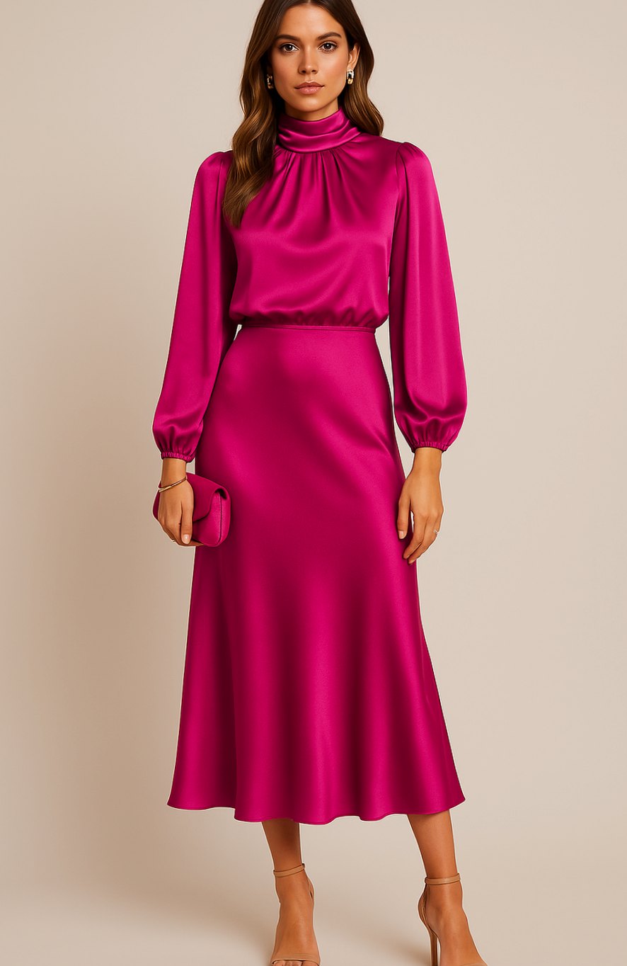 Women's High-Waist Satin Mock-Neck Long-Sleeve Midi Dress - Pink