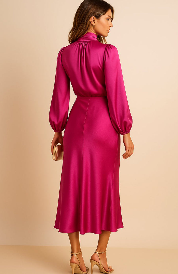 Women's High-Waist Satin Mock-Neck Long-Sleeve Midi Dress