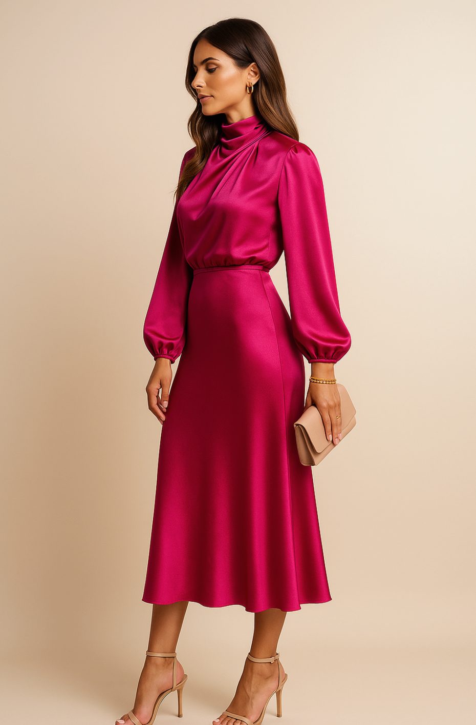 Women's High-Waist Satin Mock-Neck Long-Sleeve Midi Dress