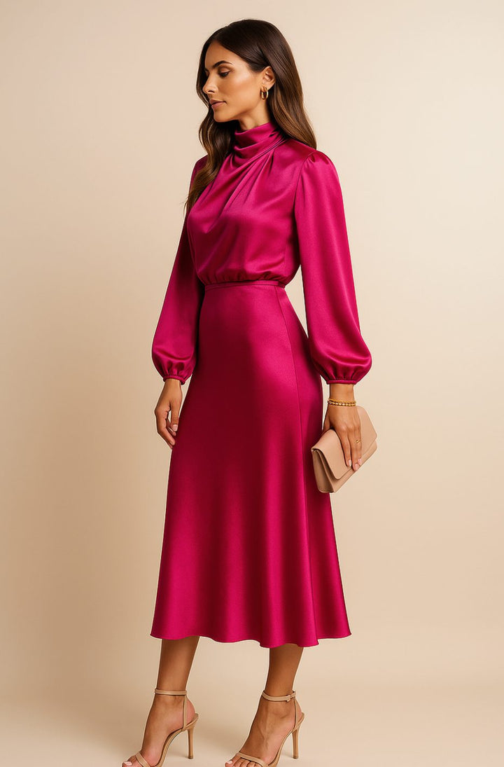Women's High-Waist Satin Mock-Neck Long-Sleeve Midi Dress