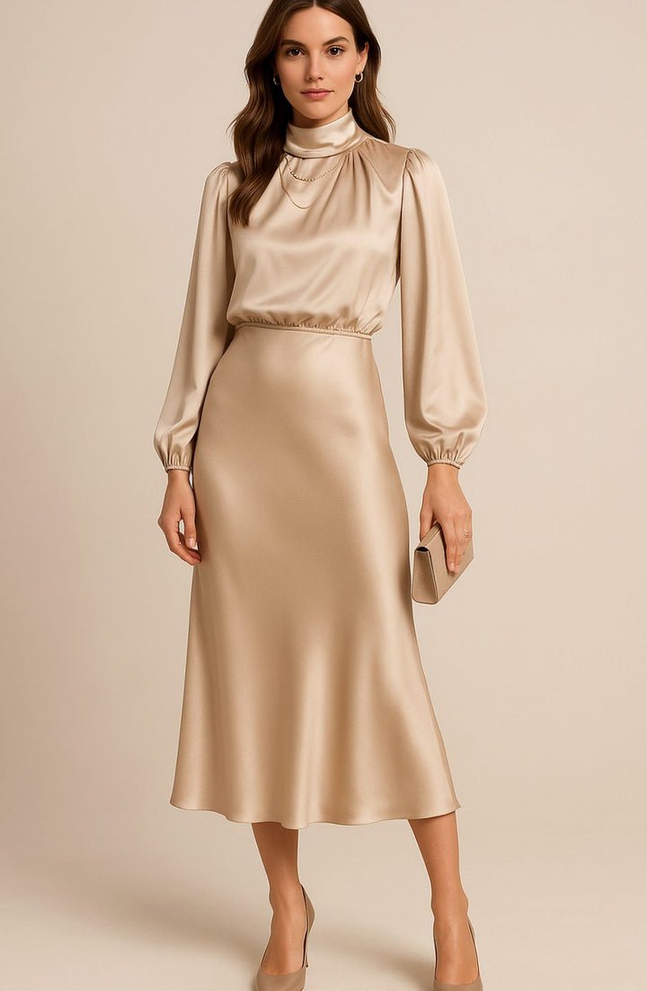 Women's High-Waist Satin Mock-Neck Long-Sleeve Midi Dress