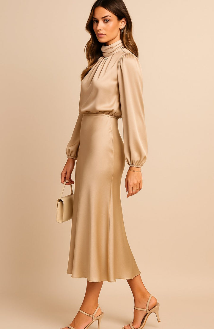 Women's High-Waist Satin Mock-Neck Long-Sleeve Midi Dress
