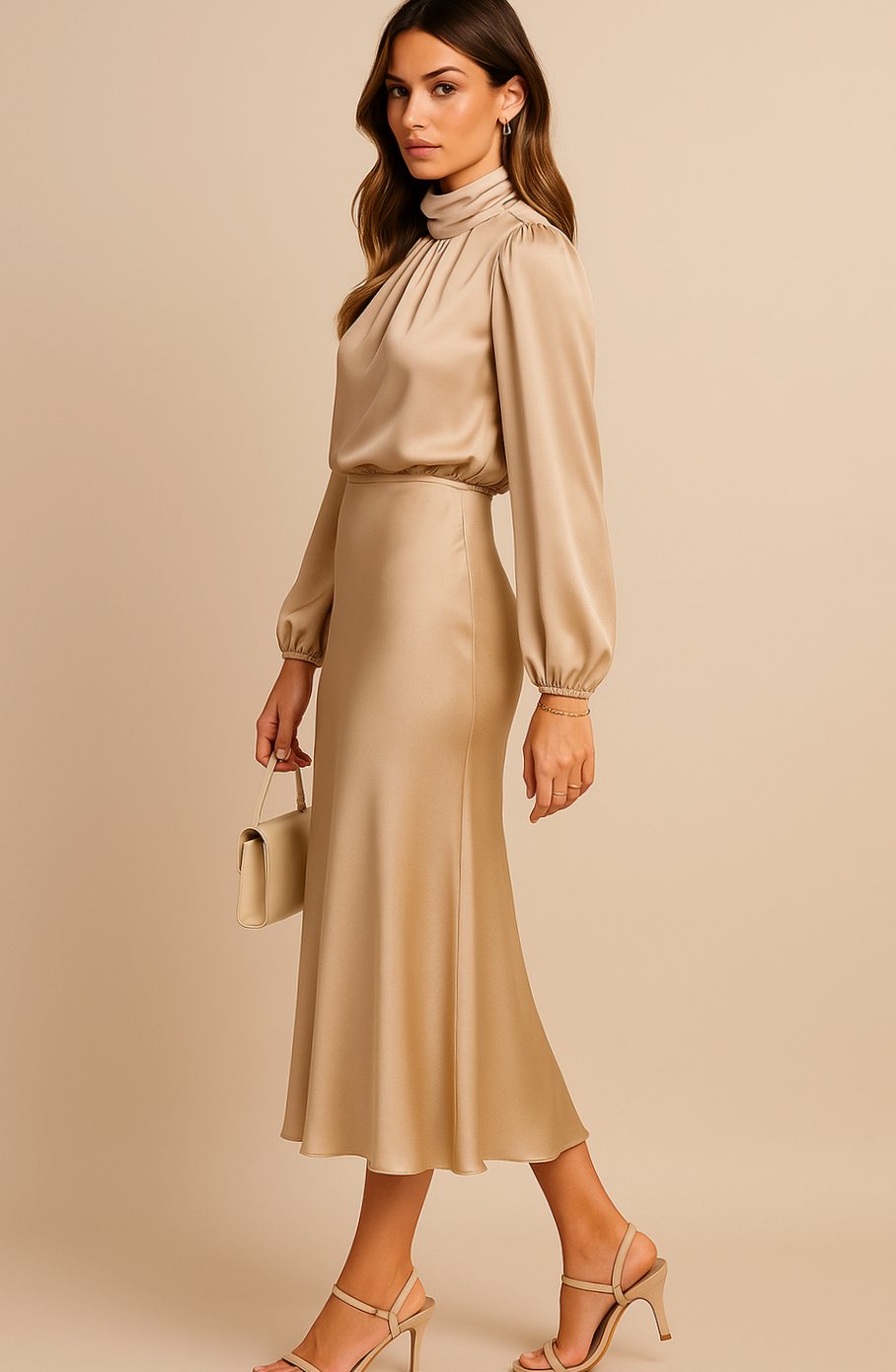Women's High-Waist Satin Mock-Neck Long-Sleeve Midi Dress