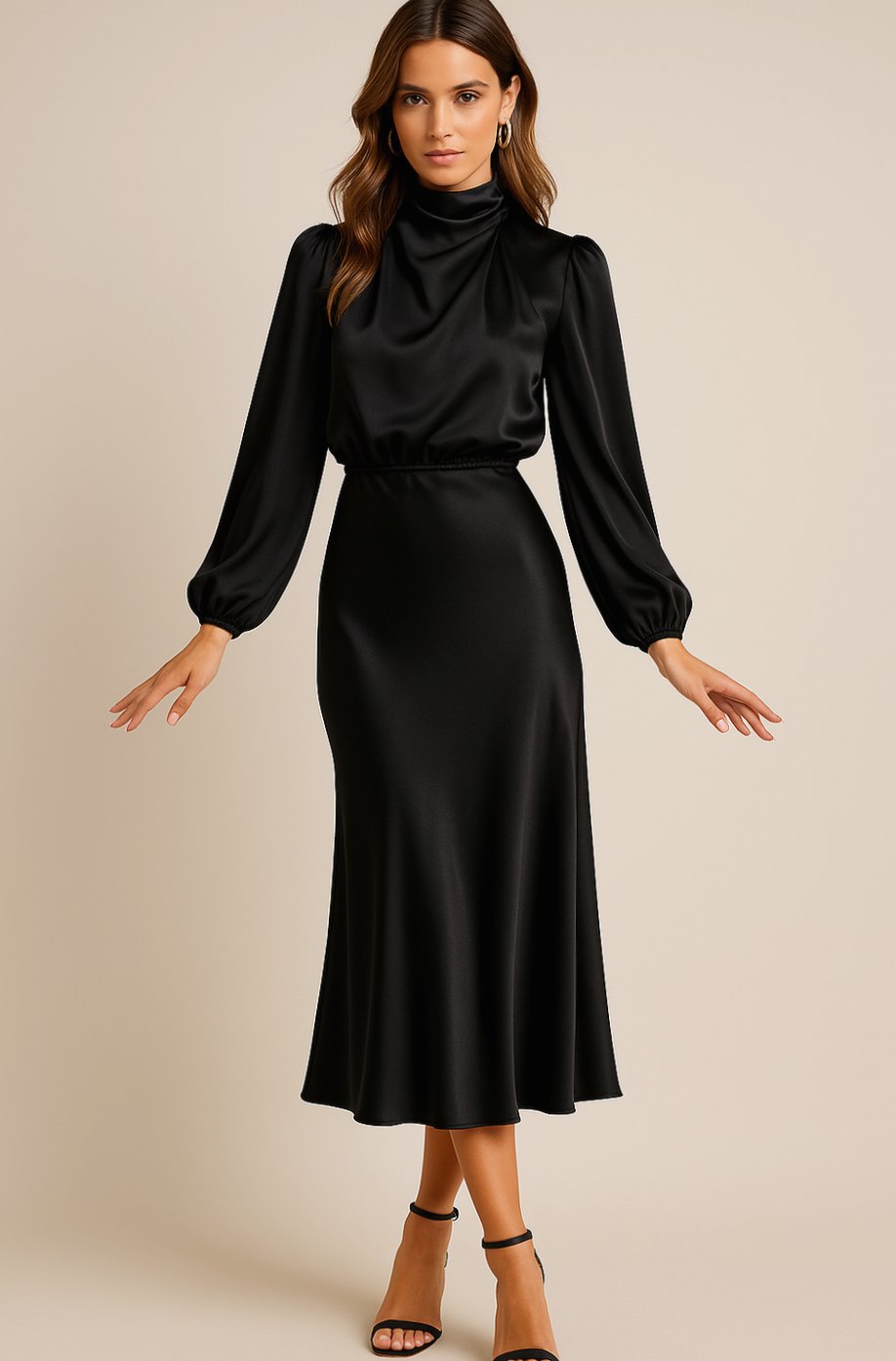Women's High-Waist Satin Mock-Neck Long-Sleeve Midi Dress