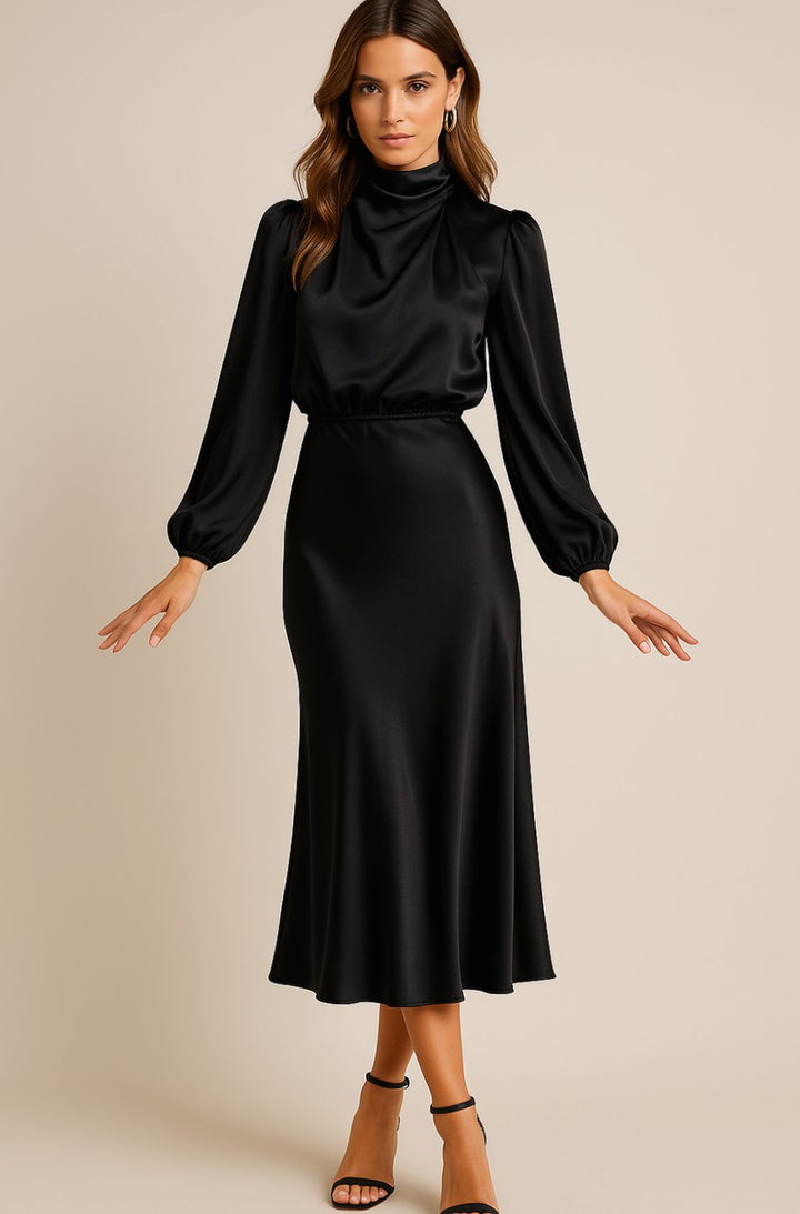 Women's High-Waist Satin Mock-Neck Long-Sleeve Midi Dress