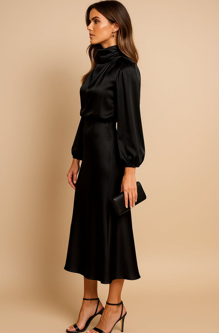Women's High-Waist Satin Mock-Neck Long-Sleeve Midi Dress