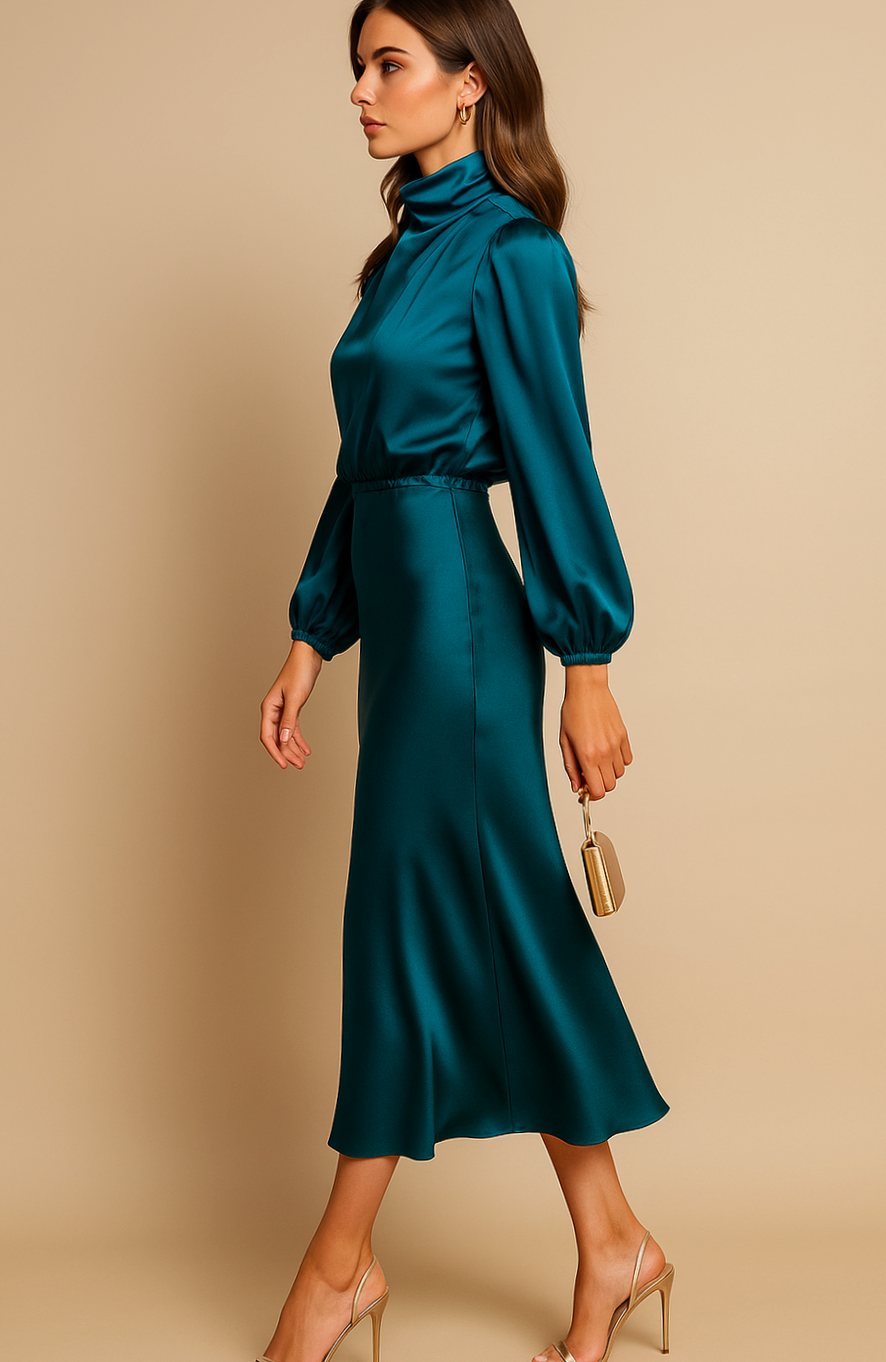 Women's High-Waist Satin Mock-Neck Long-Sleeve Midi Dress