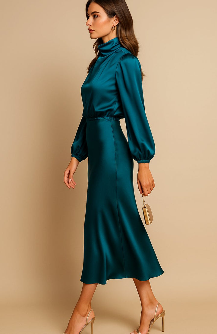 Women's High-Waist Satin Mock-Neck Long-Sleeve Midi Dress