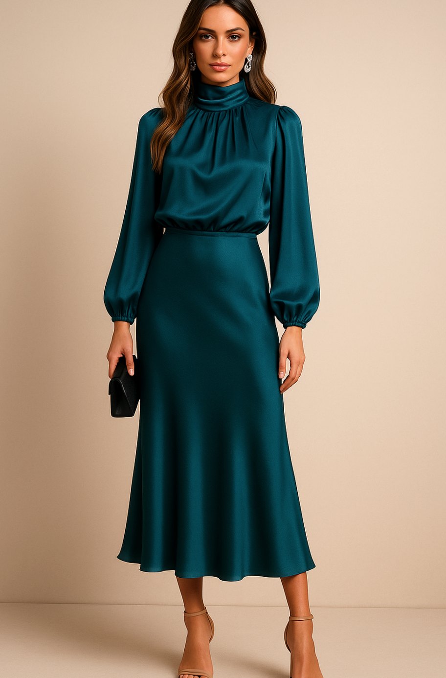 Women's High-Waist Satin Mock-Neck Long-Sleeve Midi Dress