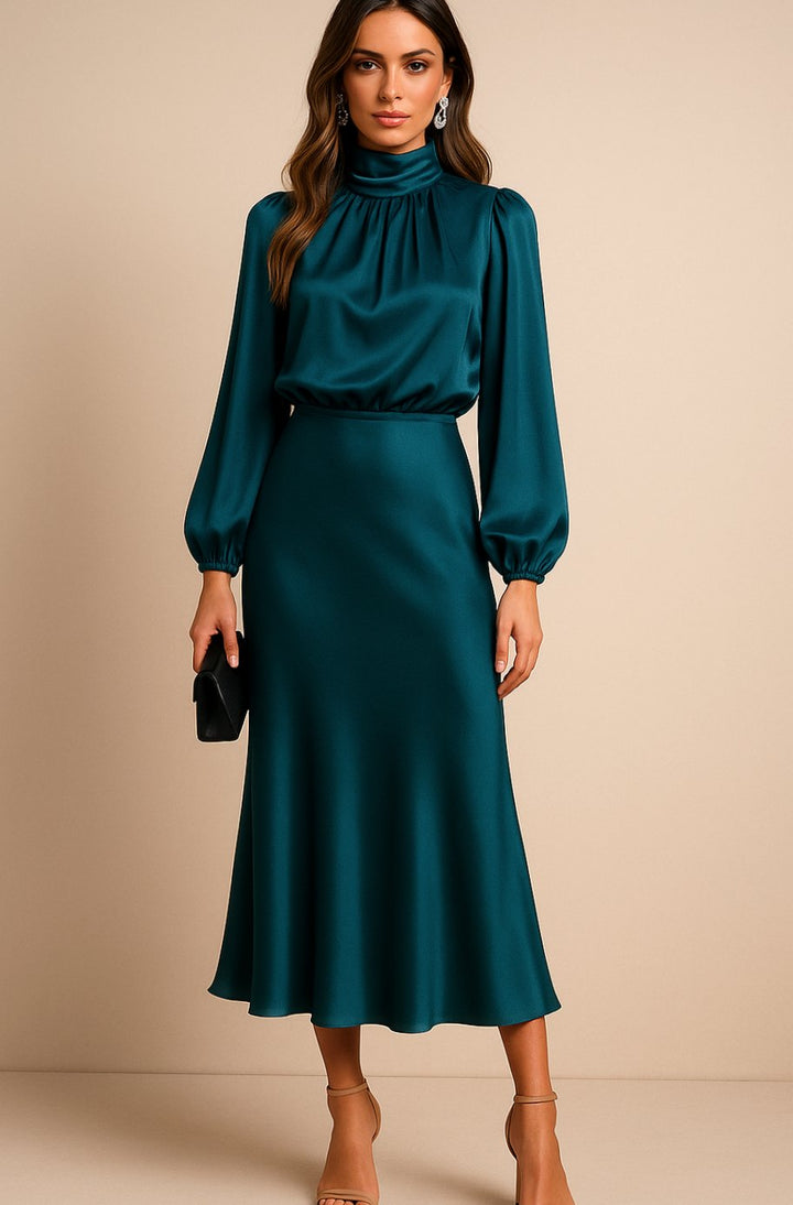 Women's High-Waist Satin Mock-Neck Long-Sleeve Midi Dress