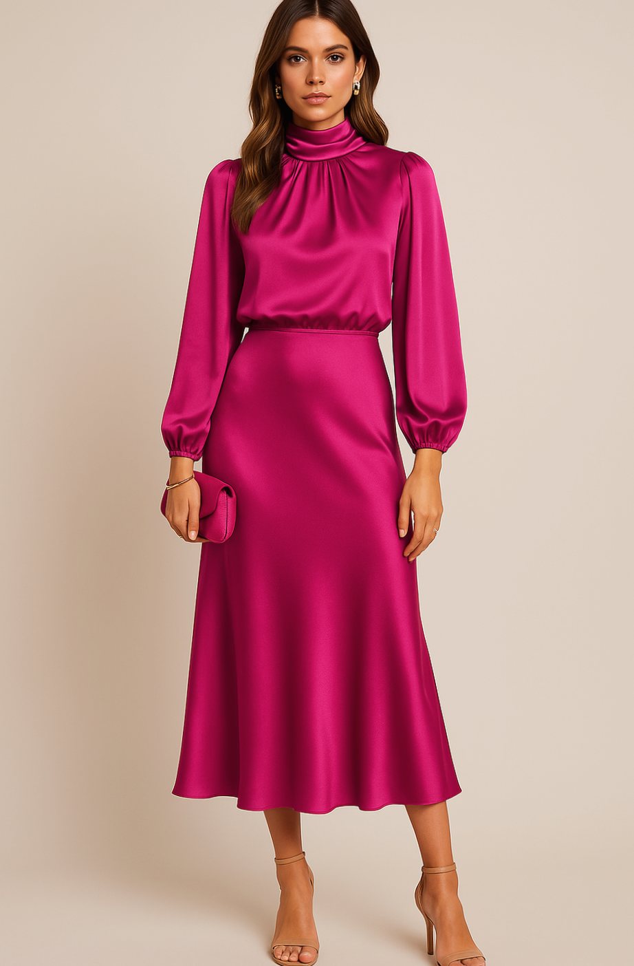 Women's High-Waist Satin Mock-Neck Long-Sleeve Midi Dress