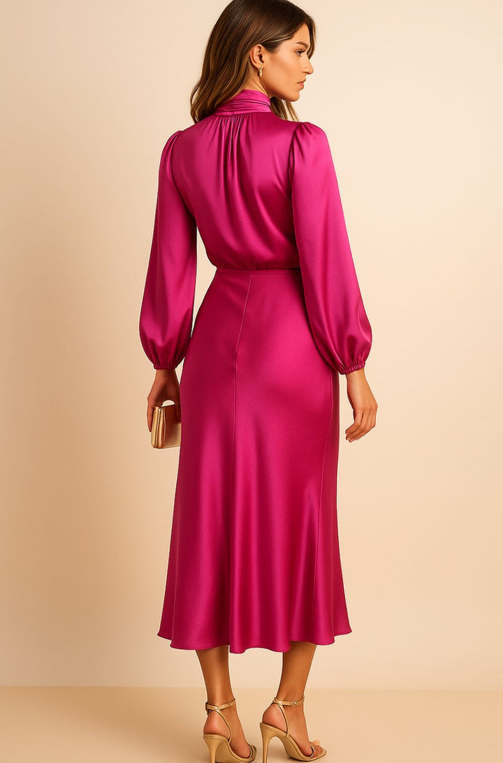 Women's High-Waist Satin Mock-Neck Long-Sleeve Midi Dress