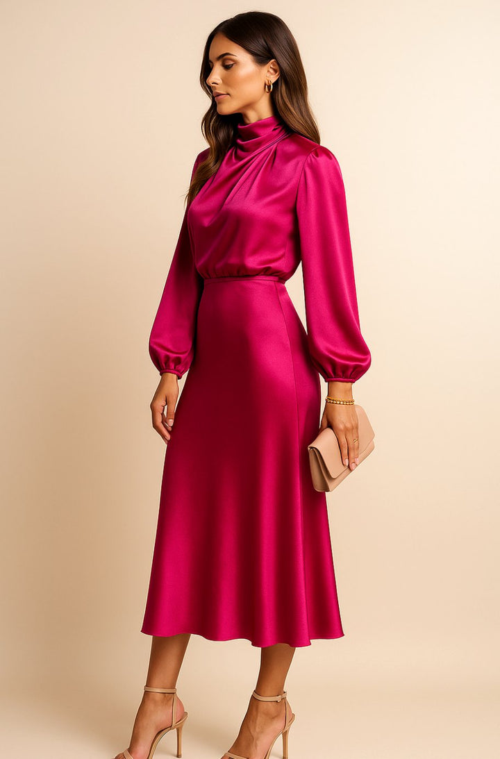 Women's High-Waist Satin Mock-Neck Long-Sleeve Midi Dress