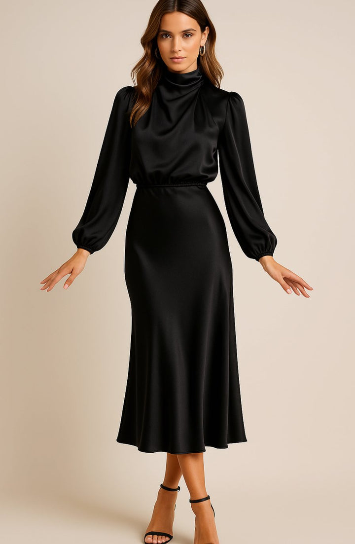 Women's High-Waist Satin Mock-Neck Long-Sleeve Midi Dress