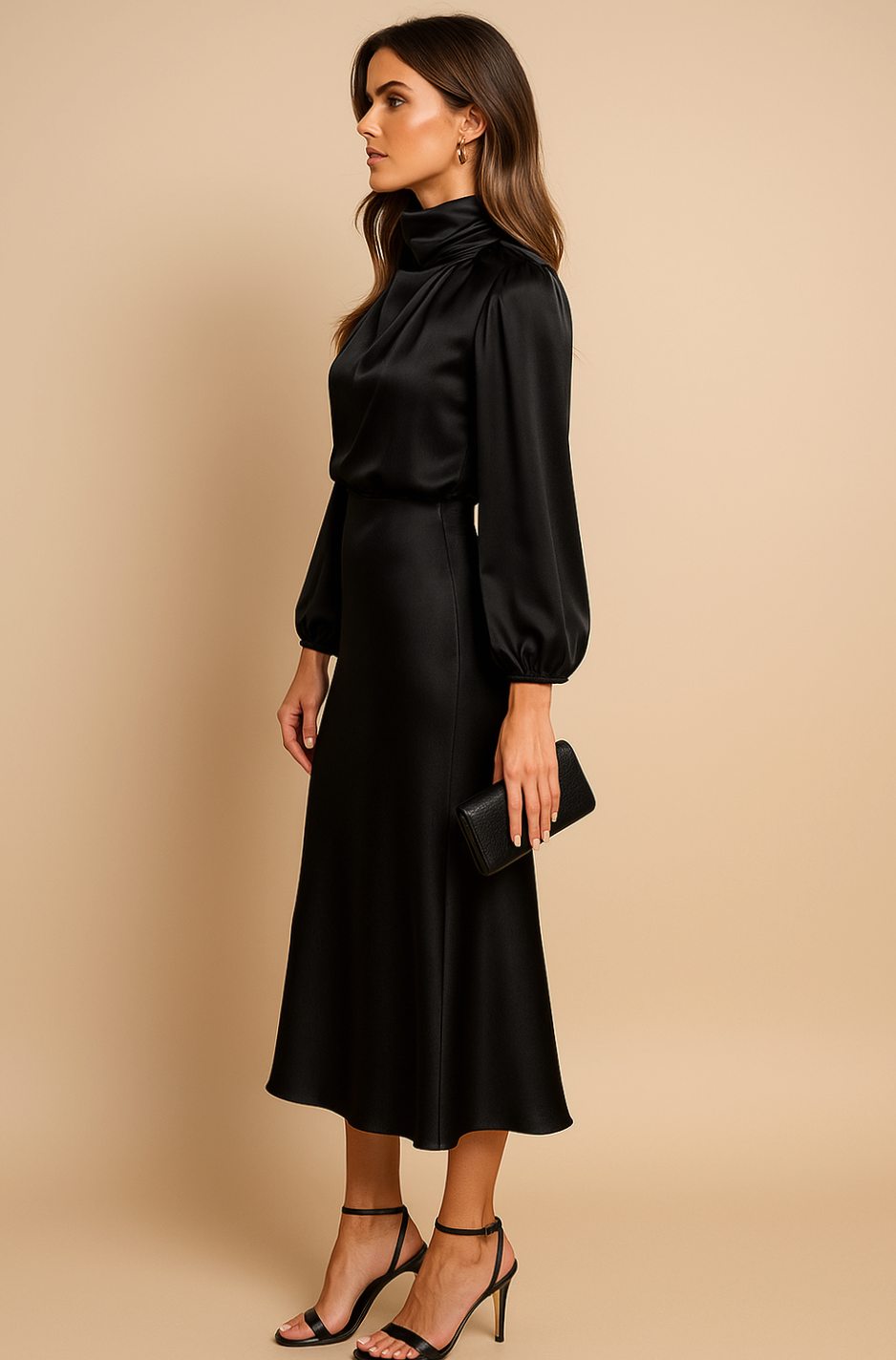 Women's High-Waist Satin Mock-Neck Long-Sleeve Midi Dress