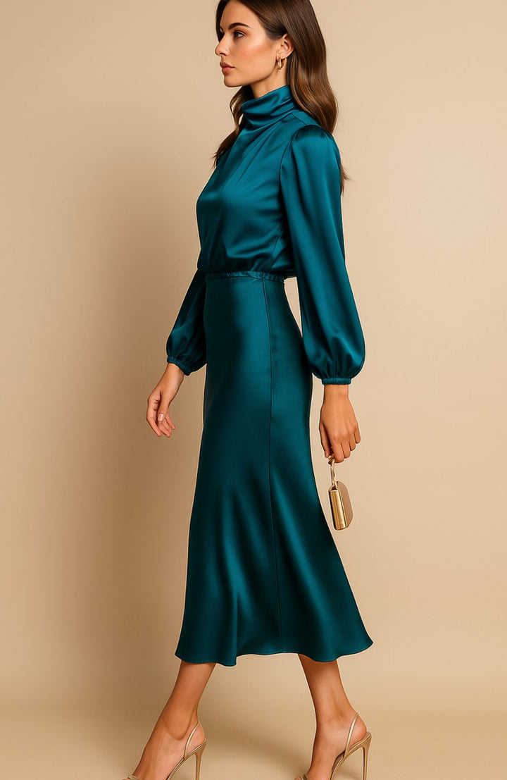 Women's High-Waist Satin Mock-Neck Long-Sleeve Midi Dress