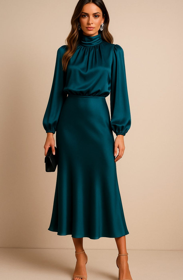 Women's High-Waist Satin Mock-Neck Long-Sleeve Midi Dress