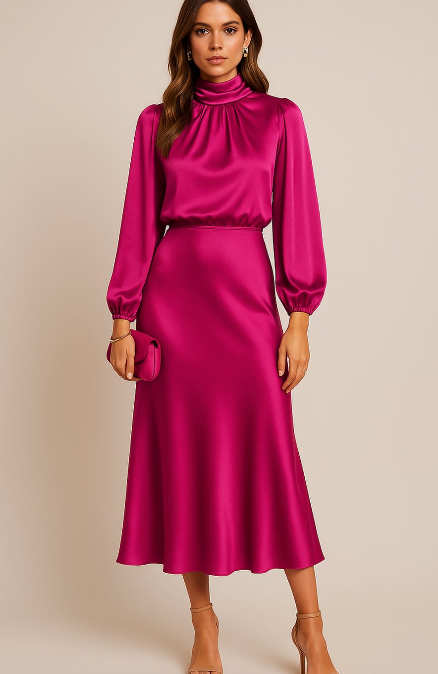 Women's High-Waist Satin Mock-Neck Long-Sleeve Midi Dress