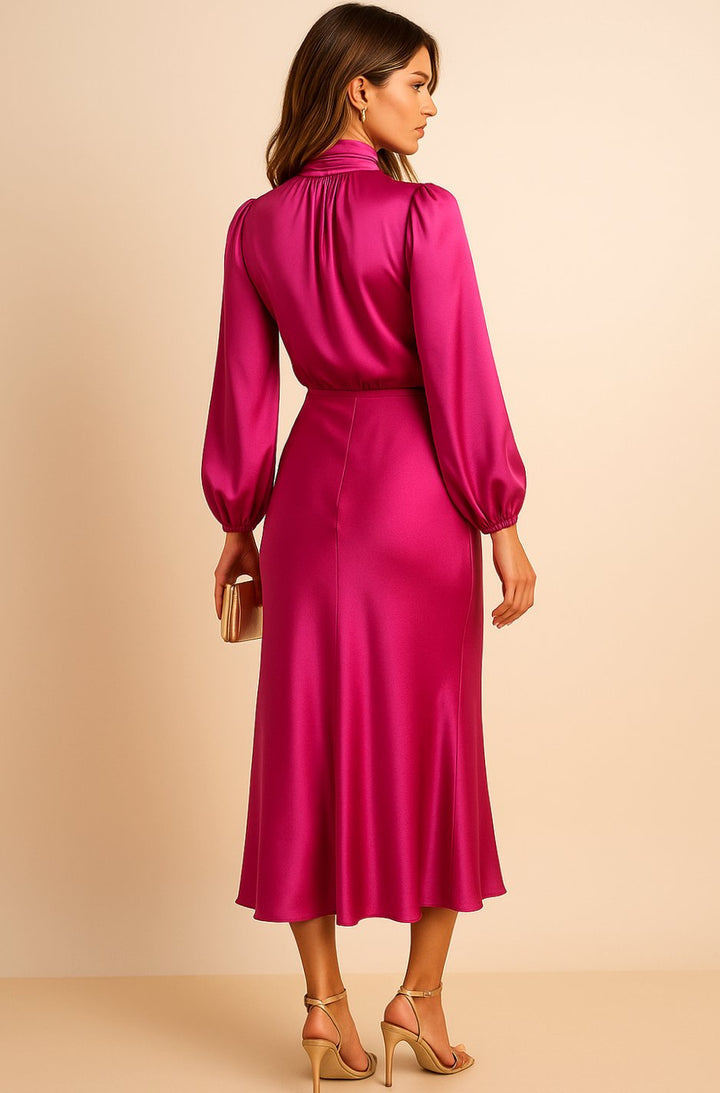 Women's High-Waist Satin Mock-Neck Long-Sleeve Midi Dress