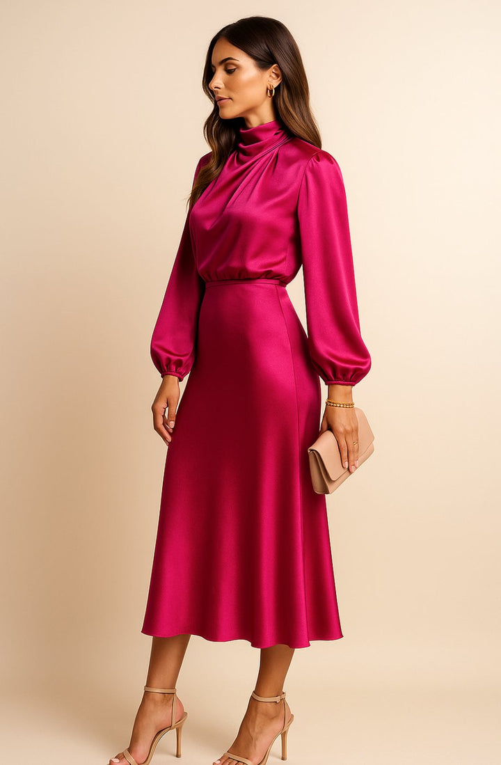 Women's High-Waist Satin Mock-Neck Long-Sleeve Midi Dress