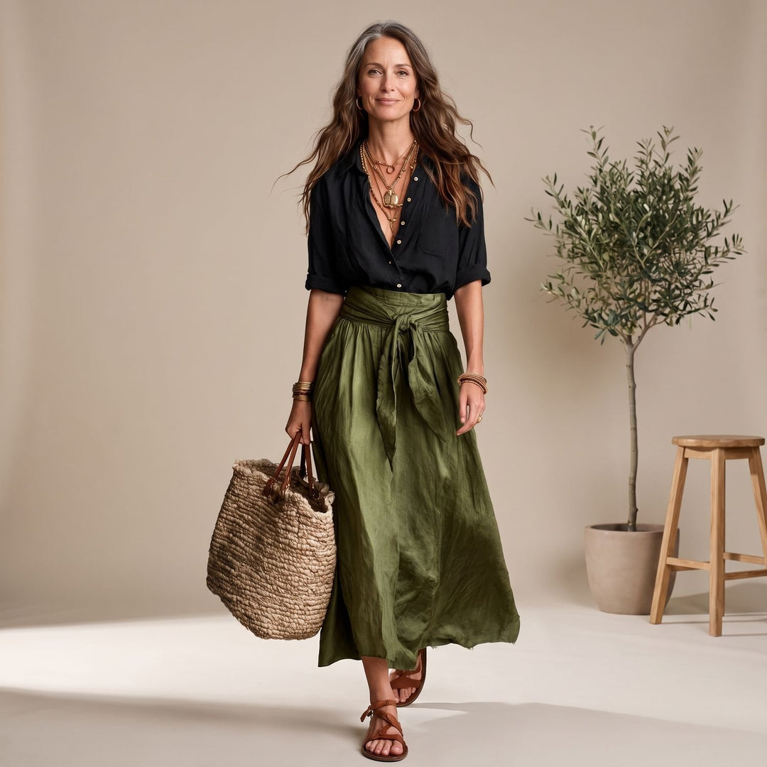 Women's High-Waist Tie-Waist Flowing Maxi Skirt