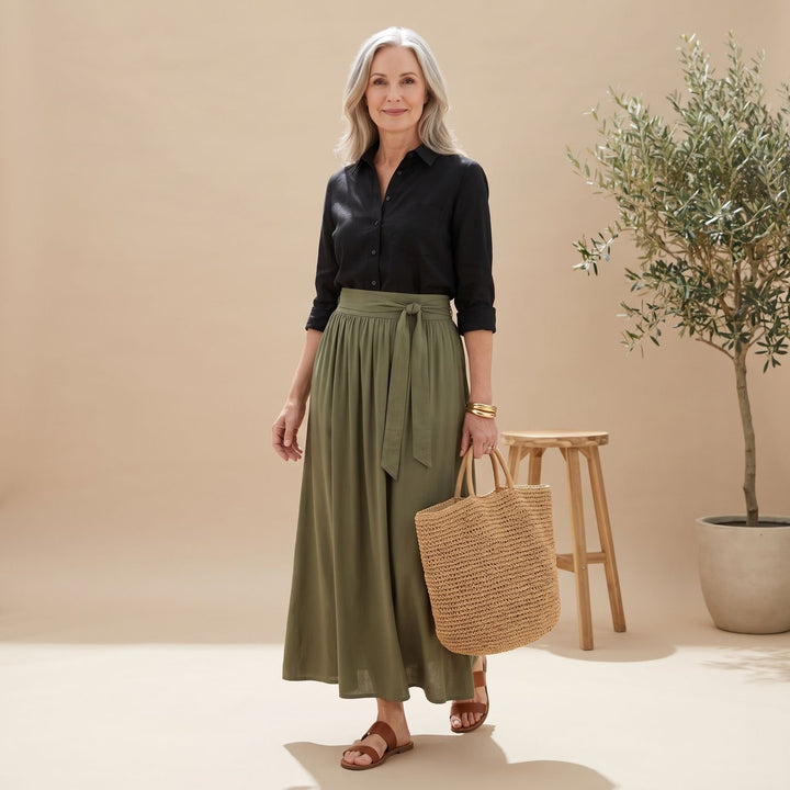 Women's High-Waist Tie-Waist Flowing Maxi Skirt