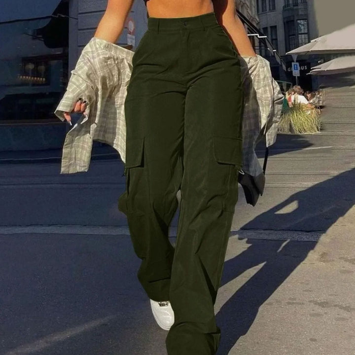 Women's High-Waist Wide-Leg Cargo Trousers Flap-Pocket - Army Green