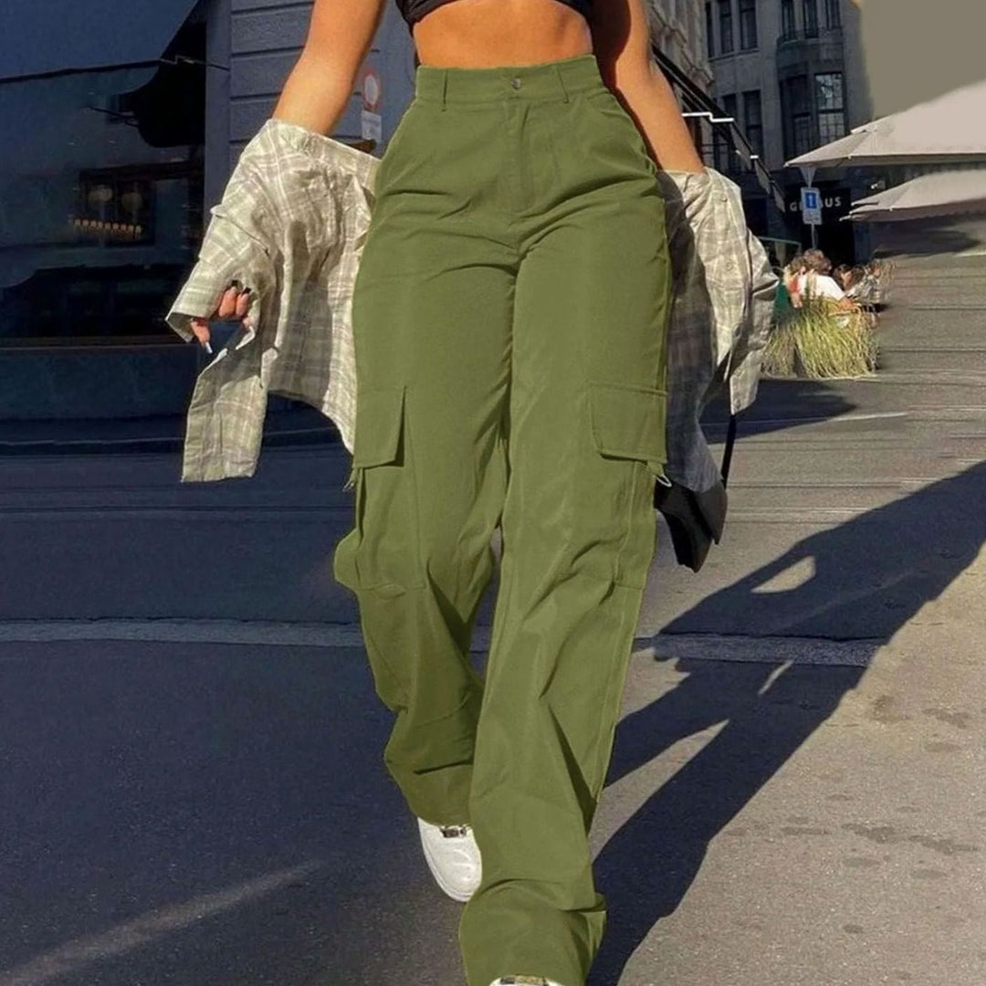 Women's High-Waist Wide-Leg Cargo Trousers Flap-Pocket - Green